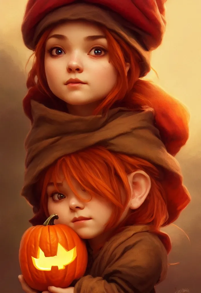 Image similar to hand drawn cute one gnomes face in autumn disguise holding pumpkin, detailed closeup face, concept art, low angle, high detail, warm lighting, volumetric, godrays, vivid, beautiful, trending on artstation, art by artgerm and greg rutkowski and alphonse mucha