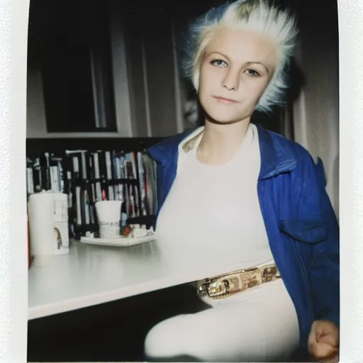 Image similar to Platinum-blonde-haired hime-cut blue-eyed French empress wearing white leggings, black jacket, boots, sitting in public housing apartment, Polaroid photo