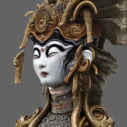 Image similar to naraka Buddhist demon korean female, highly detailed, symmetrical long head, smooth marble surfaces, detailed ink illustration, raiden metal gear, cinematic smooth stone, deep aesthetic, concept art, post process, 4k, carved marble texture and silk cloth, latex skin, highly ornate intricate details, in the style of 88grzes