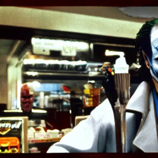 Prompt: jack nicholson as joker working in imperial mcdonalds behind counter, fleshtone facepaint coming off, movie still, dslr