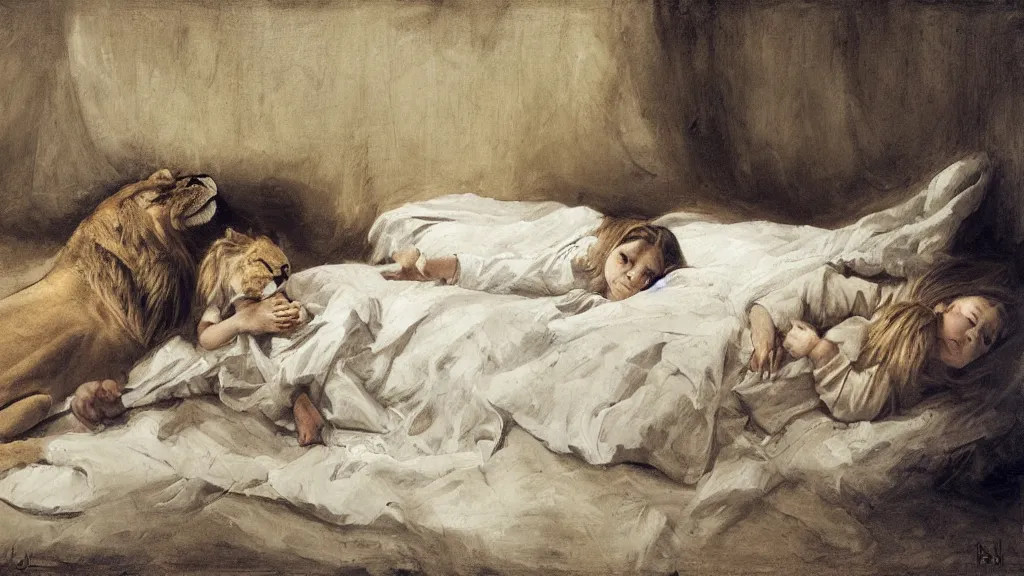 Image similar to girl lying next to a lion and a stork in a bed under white bed sheets, by guillermo lorca