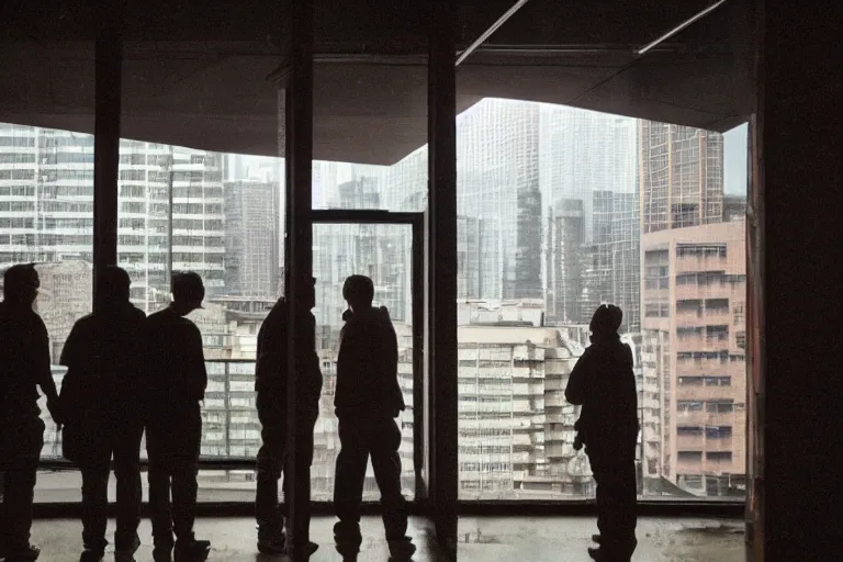 Prompt: outdoorsy guys club likes to look at the exteriors of urban architecture onion column shot by christopher doyle wong kar-wai film texture reflection through lit windows with slight drizzle trickling from them