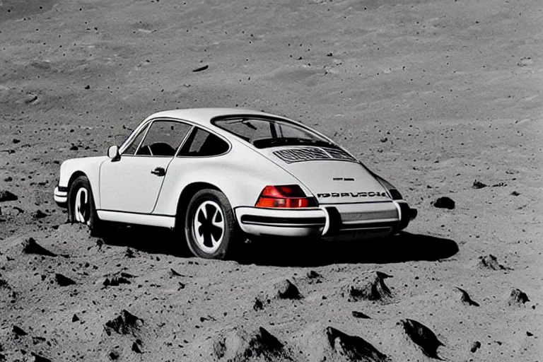 Prompt: vintage photo of a porsche 911 on the moon. apollo moon landing