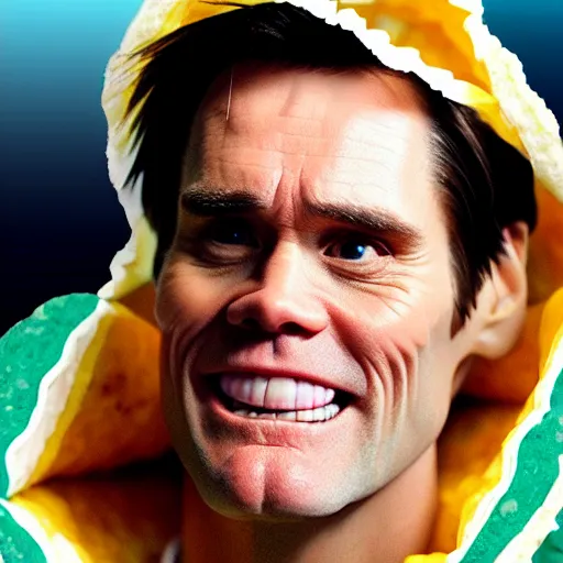 Image similar to jim carrey's head inside of a burrito, inside burrito, inside burrito
