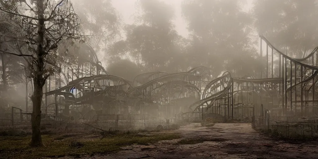 Image similar to creepy view into abandoned theme park with many attractions, fog, rain, volumetric lighting, beautiful, golden hour, sharp focus, highly detailed, cgsociety