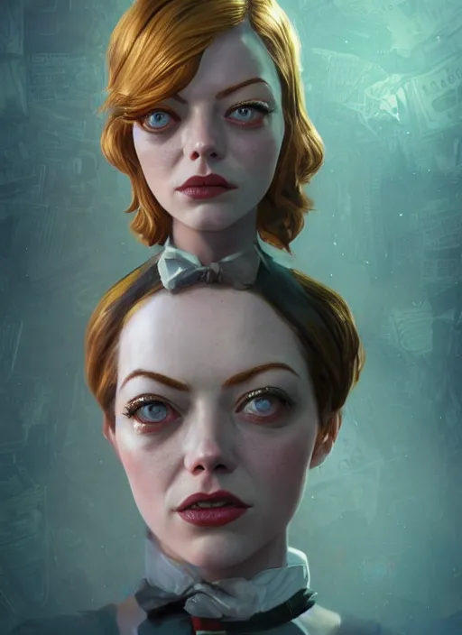 Prompt: Bioshock portrait of Emma Stone, au naturel, hyper detailed, digital art, trending in artstation, cinematic lighting, studio quality, smooth render, unreal engine 5 rendered, octane rendered, art style by klimt and nixeu and ian sprigger and wlop and krenz cushart