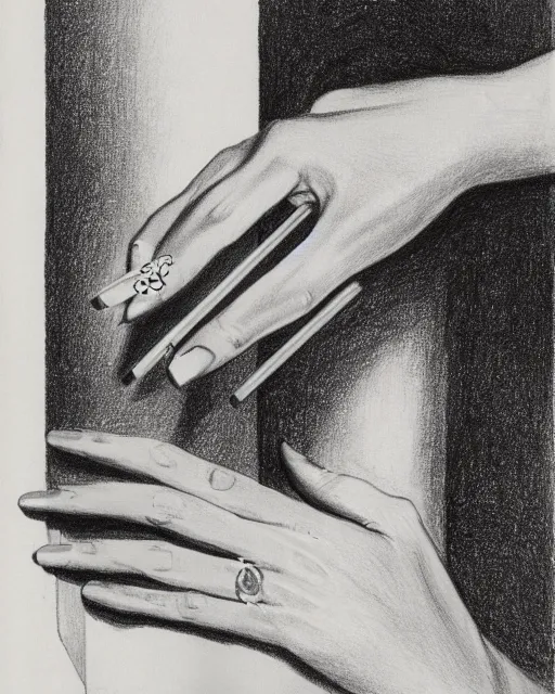 Prompt: drawing lesson, acurate, real, one elegant female hand, holding a cigarette with her fingers,highly detailed, elegant up to the elbow, only five fingers, separated, elegant, neat nails, fotorealism, advertisement for a crossover salon, style by Maurits Cornelis Escher, 8k,