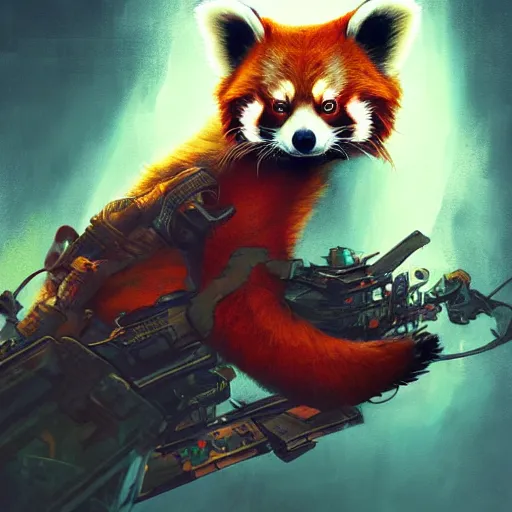 Image similar to red panda as defcon character, digital illustration portrait design, by android jones and greg rutkowski, retrowave color scheme, detailed, cinematic lighting, wide angle action dynamic portrait