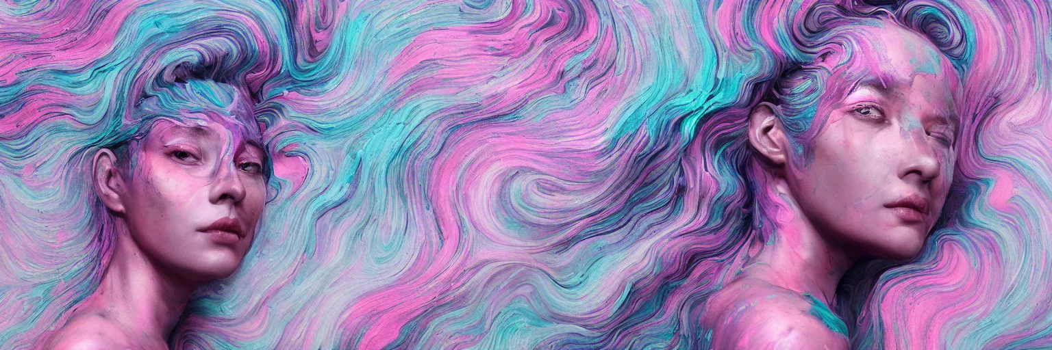 Image similar to A portrait of a very beautiful goddess with pink and grey hair radiating an artwork made of swirling paint and impasto by James Jean and WLOP , background is multicoloured volumetric displacement, hyperrealism, subsurface scattering, arnold render, noise to volume, 8k, houdini, xparticles