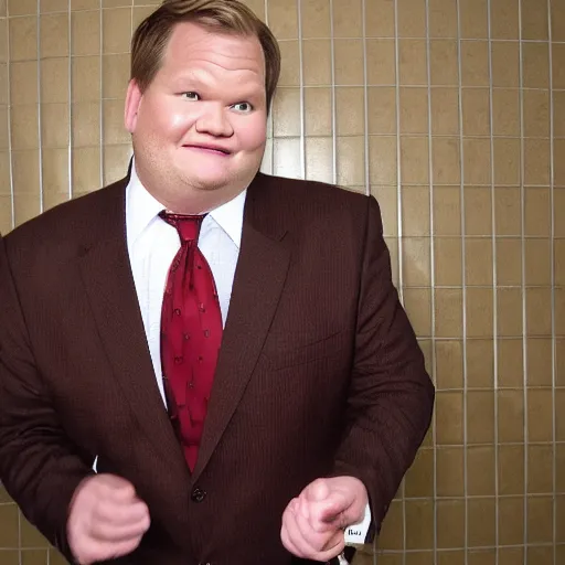 Prompt: Andy Richter is wearing a chocolate brown suit and necktie. Andy is standing under the running water of a shower head. Water is dripping from the suit and necktie.