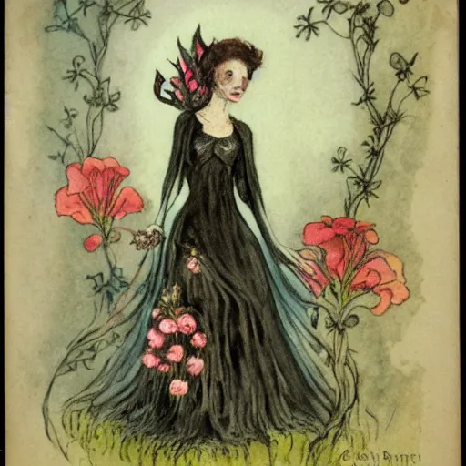 Image similar to dark gothic fairy wearing a gown posing with castor bean plant by Cicely Mary Barker