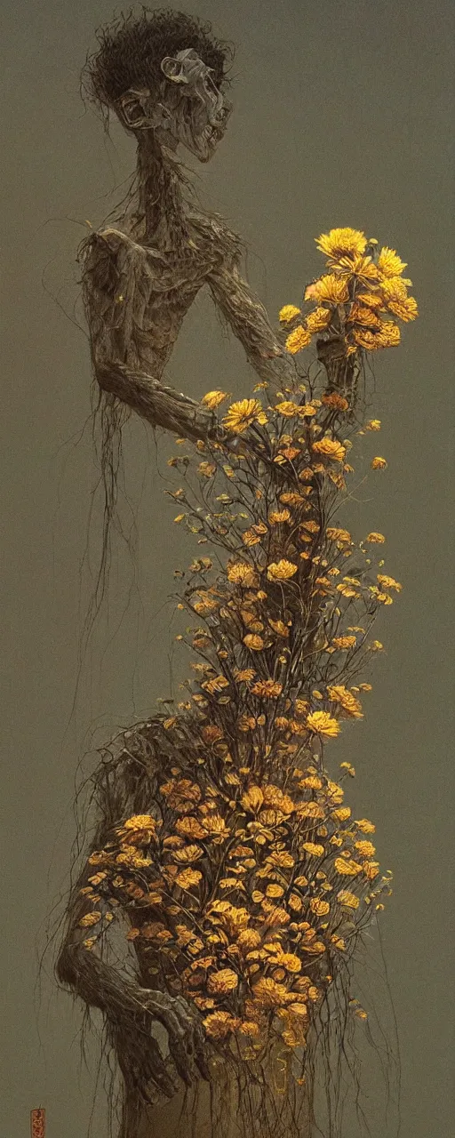 Prompt: a golemn tending to a intricate dried flower, zdzislaw beksinski, arthur rachham, 8 k, artstation
