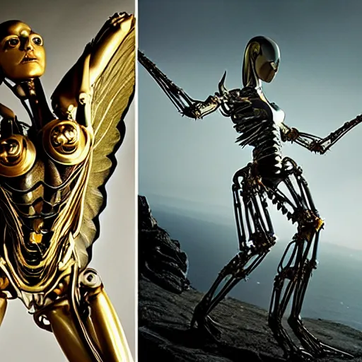 Image similar to still frame from Prometheus movie by Makoto Aida, flying biomechanical angel gynoid by giger, mimicking devil's flower mantis, metal couture by Guo pei, editorial by Malczewski and by Caravaggio