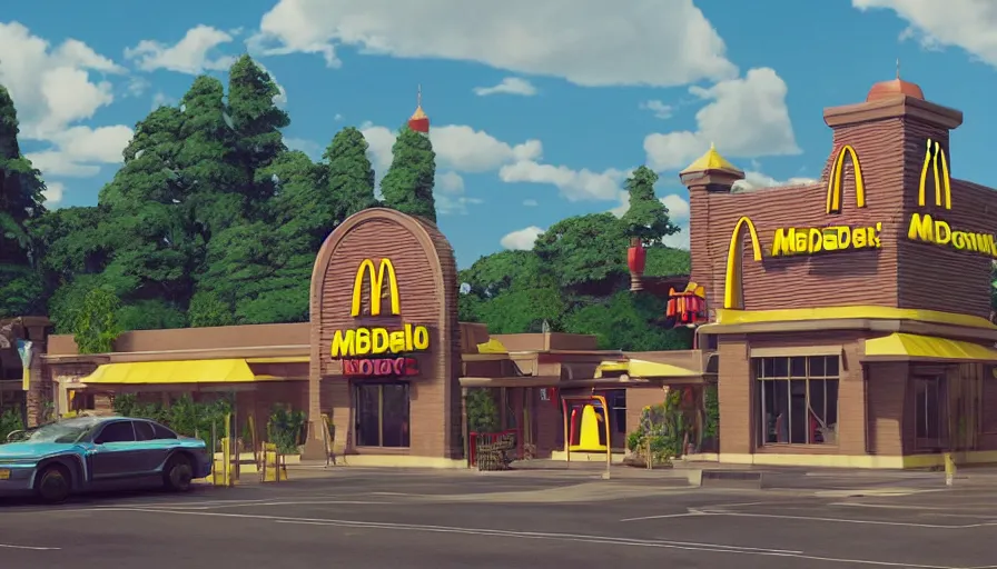 Image similar to A highly detailed matte painting of the mcdonalds!!!!!!!!!!!!!!!!!!!!!!!!!!!!!!! castle by Studio Ghibli, Makoto Shinkai, by Artgerm, by beeple, by Greg Rutkowski, volumetric lighting, octane render, 4K resolution, trending on artstation, masterpiece