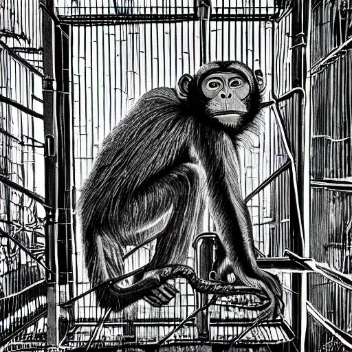 Prompt: monkeys greeting quetzalcoatl locked in a cage in a warehouse, 1 9 8 0's scifi, black and white, 8 k, highly ornate intricate details, extreme detail, punk xerox, lofi