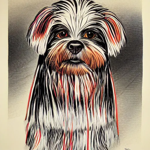 Image similar to tlingit haida lithograph, portrait of havanese dog, simplified forms, multiple colors, print by tristan - wolf reg davidson clifton guthrie maynard johnny jr.