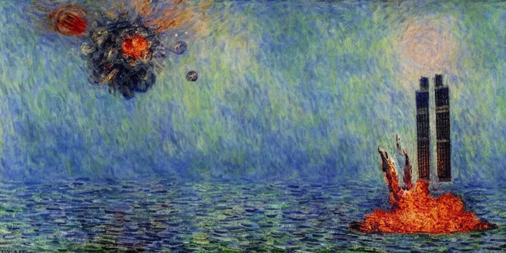 Prompt: a monet painting of godzilla destroying the international space station