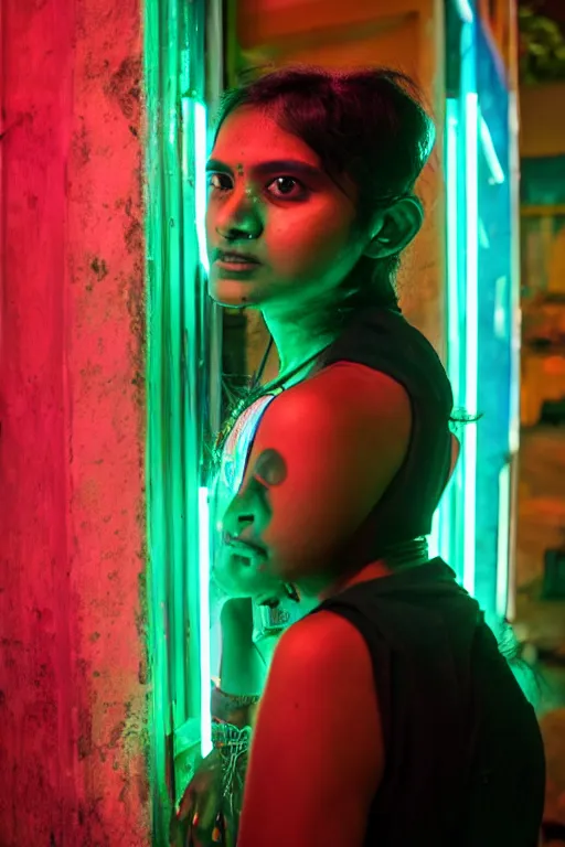 Prompt: cyberpunk sri lankan girl, neon lights in the background, portrait photograph, 35mm lens