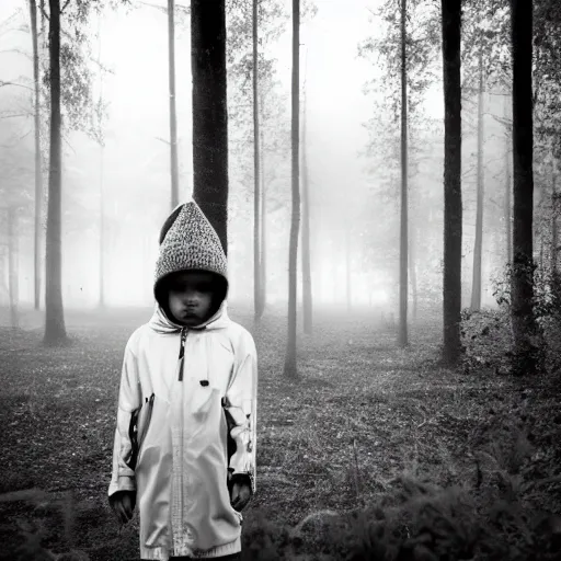 Image similar to stunning portrait photography of A sad child wearing boots, leggings and a raincoat, near forest, outdoors, dark from national geographic award winning, large format dramatic lighting, taken with canon 5d mk4, sigma art lens, monochrome