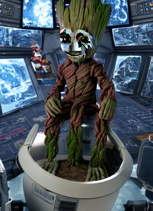 Image similar to baby groot sitting in the captains chair of the uss enterprise, photo realistic