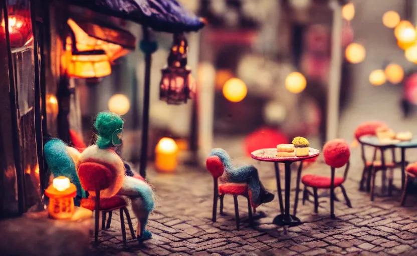 Image similar to miniature cafe diorama, macro photography, cafe with felted cookie monsters on a date, alleyway, ambient, atmospheric, british, cozy, bokeh, romantic, colorful lanterns