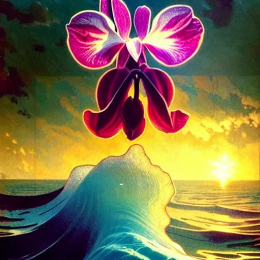 Image similar to detailed giant orchid flower surrounded by ocean wave, lsd water, ripples, transparent droplets, refracted backlit sunset, refracted lighting, art by collier, albert aublet, krenz cushart, artem demura, alphonse mucha