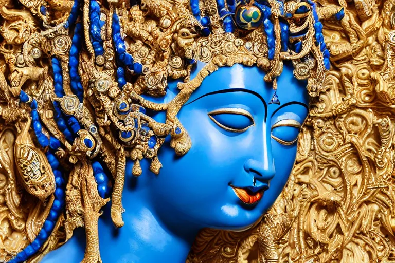 Prompt: full head and shoulders, beautiful female, deep blue porcelain sculpture, plastic jewellery of a hindu god, with lots of ornate gold leaf animals, attached to head by daniel arsham and james jean, on a white background, delicate facial features