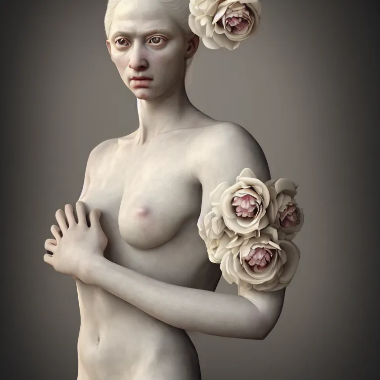 Prompt: neoclassical art closed realistic detailed portrait of a wonderful sweet expressive symmetrical albino goddess with a wonderful face and realistic arms and fingers, dressed with a majestic semi transparent silk roses long dress, ornate, intricate, detailed, dramatic light, gregory crewdson style, octane render