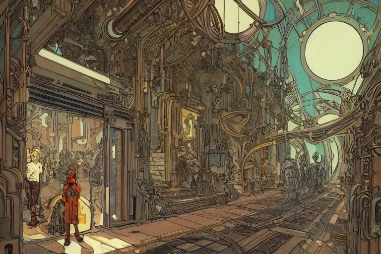 Image similar to front view on steampunk hallway, kid and mad scientist walking, giant video screens, sci - fi, big interior plants, retrofuturism, concept art by mucha and moebius and victo ngai, architecture by francois schuiten, clean line, diesel punk, artstation