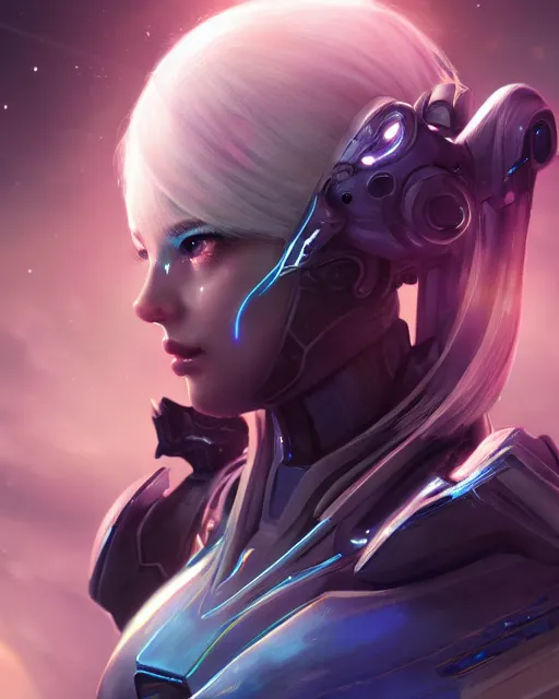 Image similar to perfect android girl on a mothership, warframe armor, beautiful face, scifi, futuristic, galaxy, nebula, bae suzy, dreamy, long white hair, blue cyborg eyes, sharp focus, cinematic lighting, highly detailed, artstation, divine, by gauthier leblanc, kazuya takahashi, huifeng huang