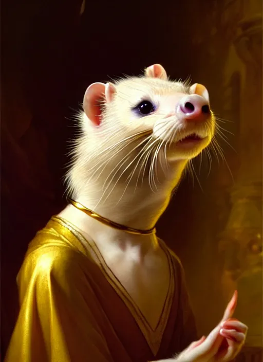 Prompt: a beautiful closeup shot from a fantasy film of a humanoid ferret with golden eyes wearing a loose tunic. an anthropomorphic mustelid with gold eyes. portrait. joseph ducreux, greg rutkowski.