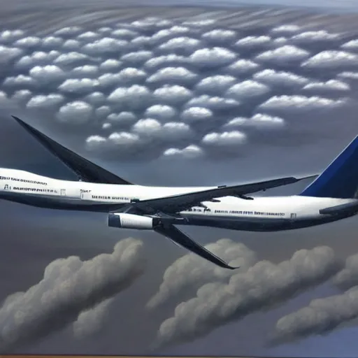 Image similar to boeing 7 4 7 in the clouds, oil painting, realistic, very detailed, 4 k