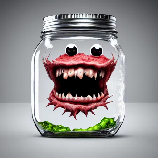 Image similar to Evil monster in a jar, product photography, centered, studio lightning