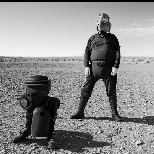 Prompt: A photo of Boris Johnson in a gas mask and underpants, Breaking Bad, RV, New Mexico desert, cinematic lighting