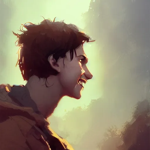 Prompt: portrait of a very masculine teenage girl with blue eyes and brown hair, short men's haircut, smiling, wearing an oversized sweater, dramatic lighting, illustration by Greg rutkowski, yoji shinkawa, 4k, digital art, concept art, trending on artstation