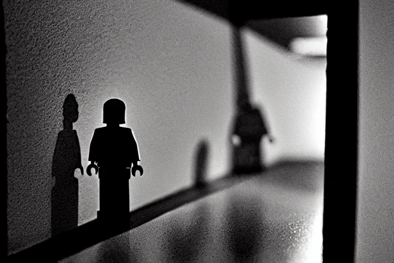 Prompt: a small faceless figure walking down a darkened stairway made of lego in a house at night, horror film