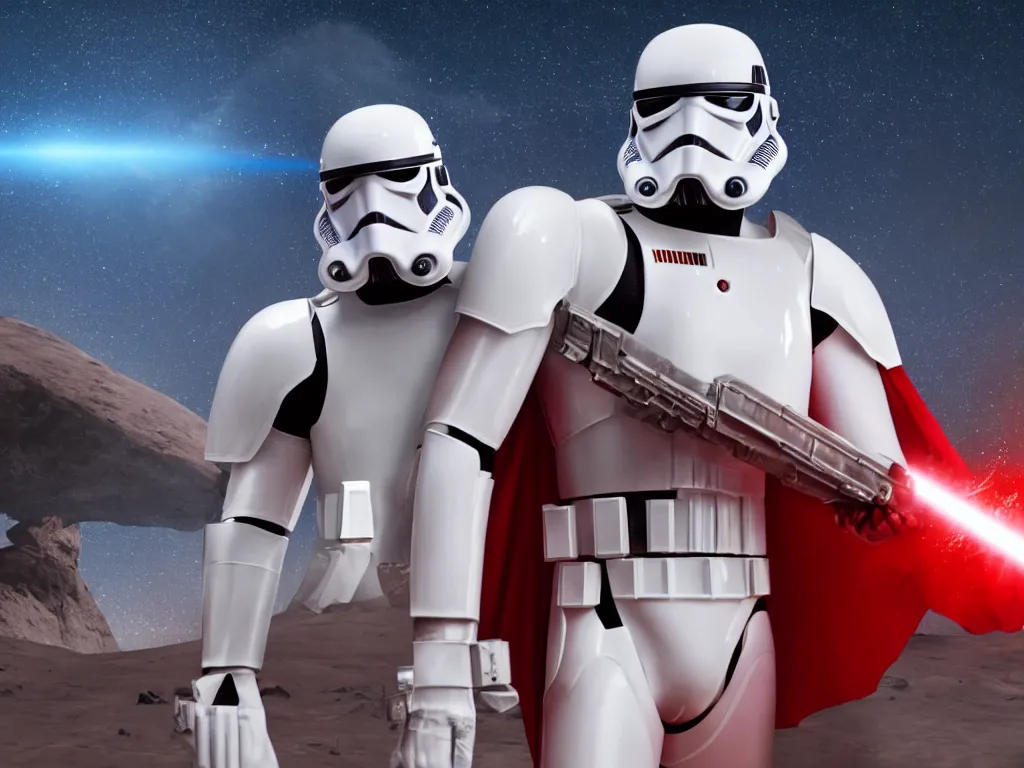 Image similar to gigachad space trooper in glossy sleek white armor with small red details, no helmet, red cape, heroic posture, firing laser rifle, muscular, athletic, on the surface of mars, explosions in the background, nighttime, dramatic lighting, cinematic, movie still from star wars