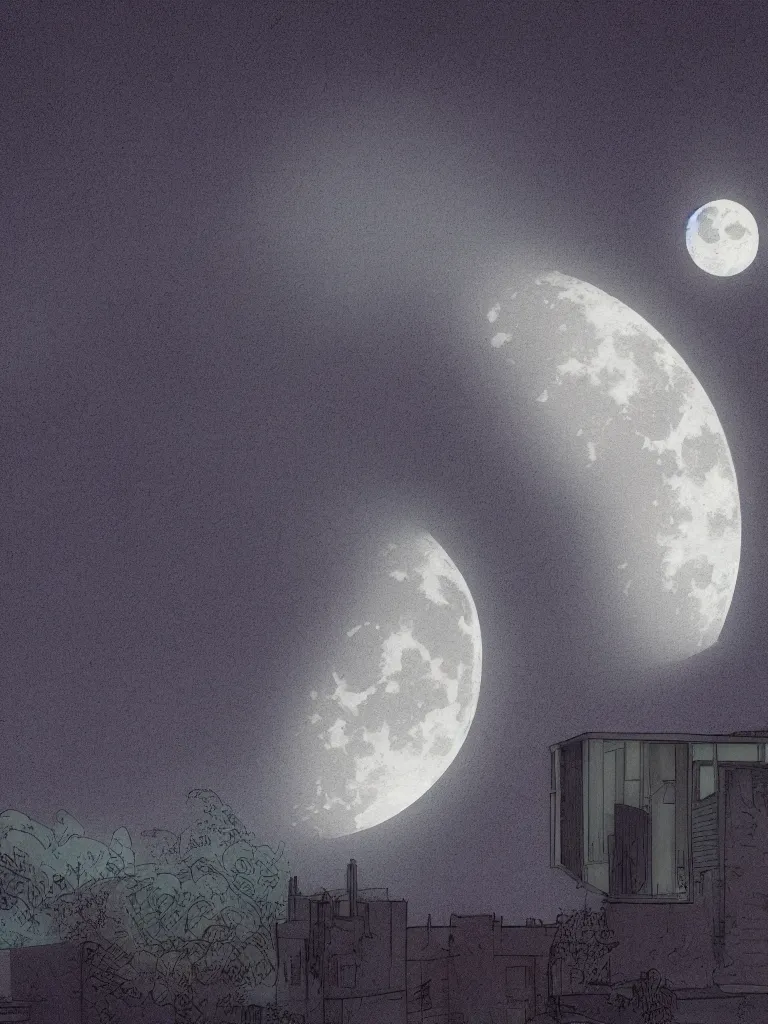 Prompt: neon moon seen through the bedroom window by disney concept artists, blunt borders, rule of thirds