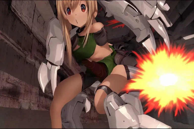 Prompt: an anime girl in a screenshot of the video game doom, the anime girl is crouching, detailed