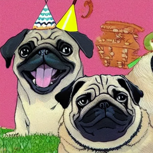 Prompt: Pug birthday in the style of studio Ghibli