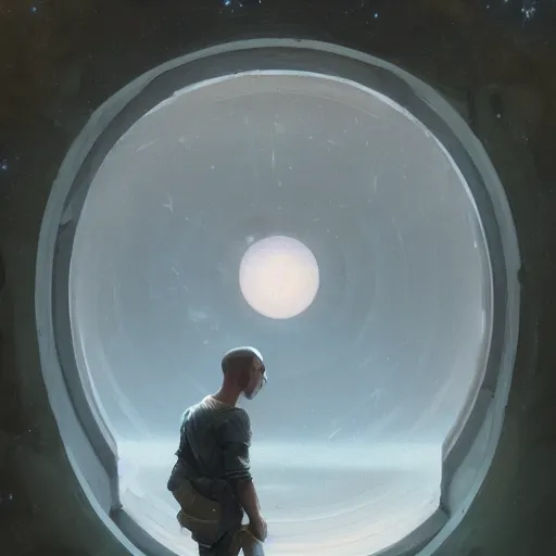 Image similar to a man looking out of a round window from space by peter mohrbacher, jeremy mann, greg rutkowski, android james, ross tran, beautiful, award winning scenery, 8 k quality, clean details, serene, sakura season