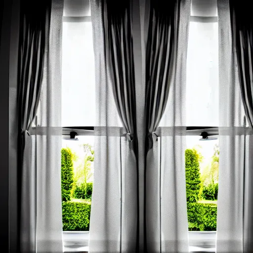 Prompt: a detailed photograph of the outside of a house with curtains in the windows, someone is peeking out at you through the curtains, 8 k, highly detailed, editorial