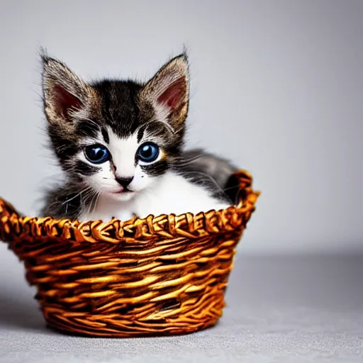 Prompt: An award-winning photo of an extremely cute kitten in a basket