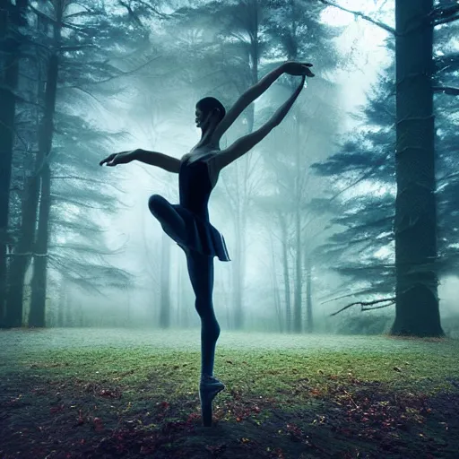 Image similar to ballerina dancing en pointe in a misty forest, cinematic atmosphere, arnold render, trending on artstation, cgsociety