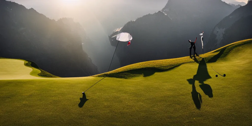 Image similar to a great photograph of the most amazing golf hole in the world, hangglider, perfect light, over a cliff, in the swiss alps, high above treeline, ambient light, 5 0 mm, golf digest, top 1 0 0, fog