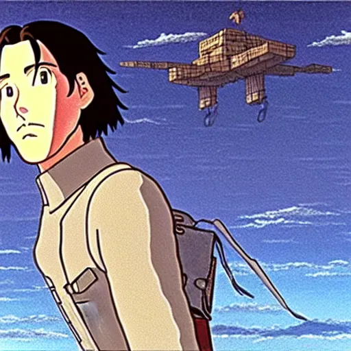 Image similar to a still of keanu reeves in castle in the sky ( 1 9 8 6 ) studio ghibli art style. hayao miyazaki imagination