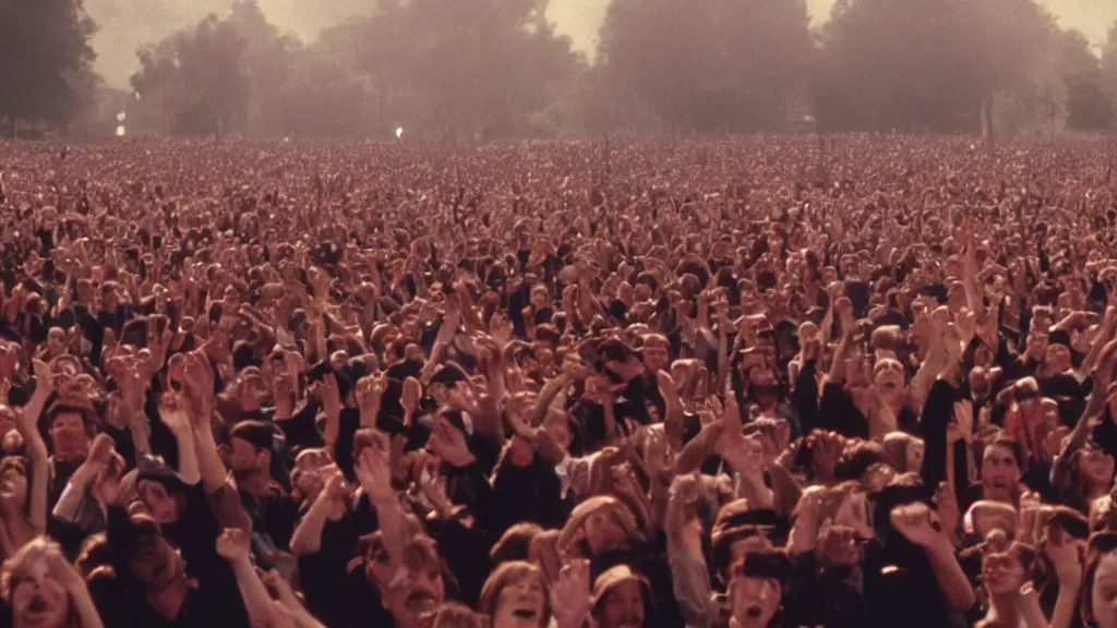 Image similar to movie still of a crowd waving saying good morning, cinematic composition, cinematic light, by edgar wright and david lynch