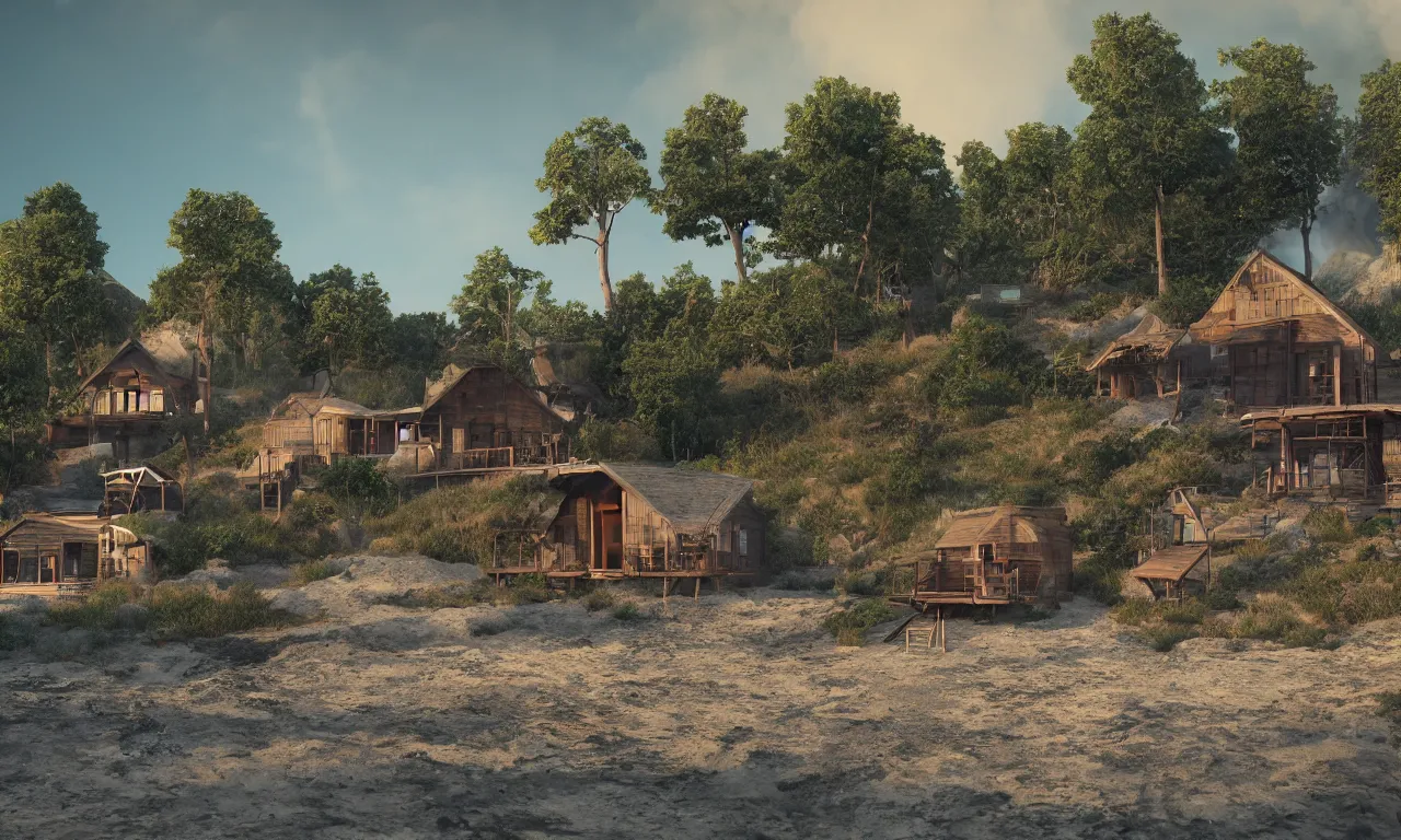 Prompt: a couple of small houses sitting on top of a fire beach, a digital rendering by christian hilfgott brand, featured on dribble, photorealism, rendered in unreal engine, vray tracing, physically based rendering