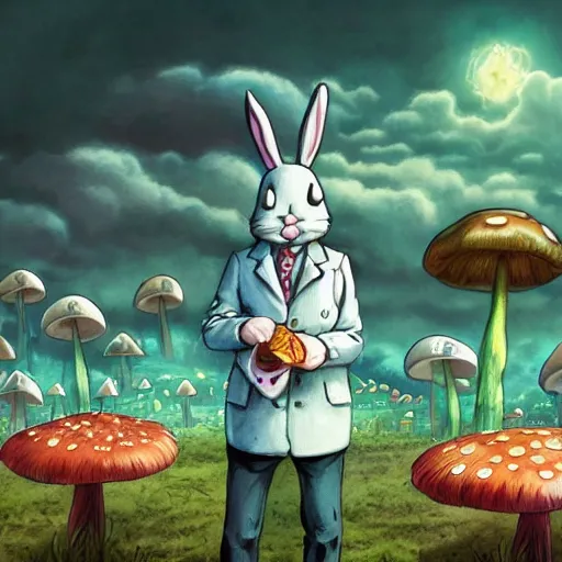 Image similar to 4 k headshot portrait of a psychedelic demonic anthropomorphic bunny rabbit with mushroom themed clothes, magic mushroom village in background. award winning. superb resolution. in the art style of junji ito and greg rutkowski. detailed mushroom city in background. hyper realistic anime. perfect art. dalle 2