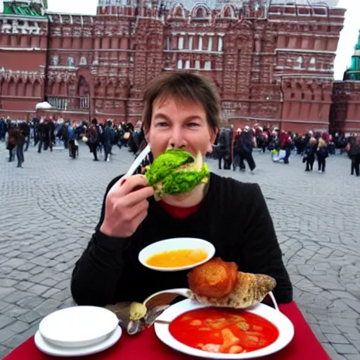 Image similar to Funny Dragon eating russian borsch soup on the Red Square,